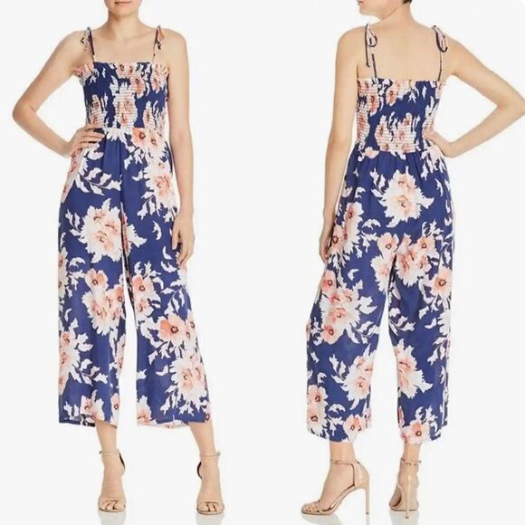 Aqua Smocked Top Blue Floral Wide Cropped Leg Jumpsuit M - Picture 1 of 12
